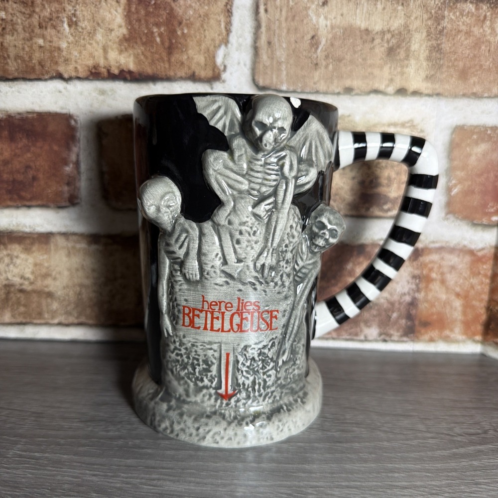 Beetlejuice 3D Skeleton Ceramic‎ Coffee Mug 16 oz Black White Striped Handle